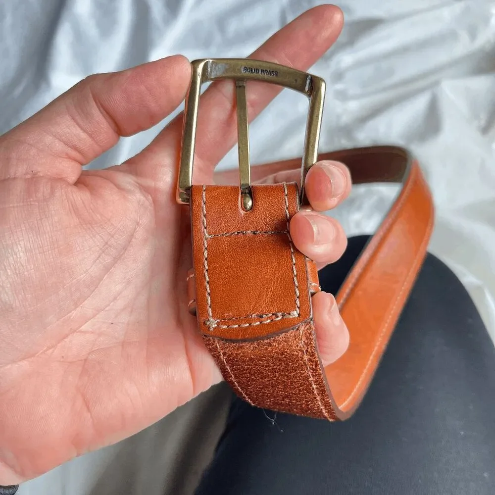 LL Bean Leather Belt Solid Brass Buckle USA Made Brown Casual Heritage 34